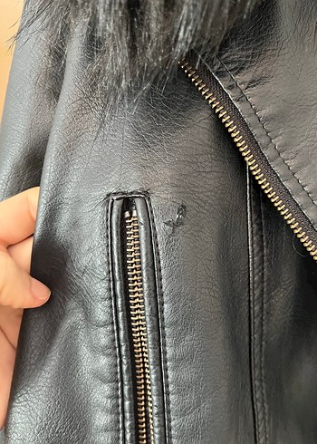 Kürklü Siyah Deri Biker Ceket - Görsel 4