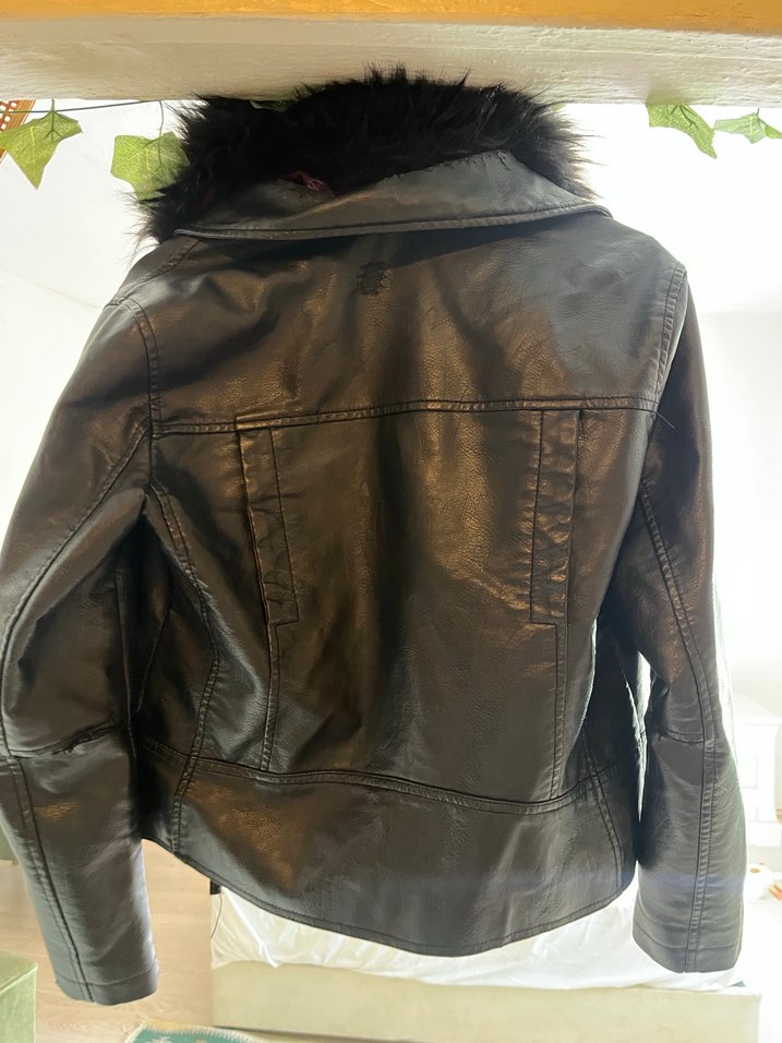 Kürklü Siyah Deri Biker Ceket - Görsel 3