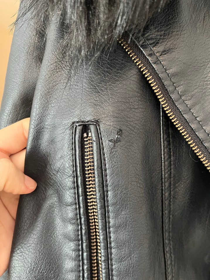 Kürklü Siyah Deri Biker Ceket - Görsel 4