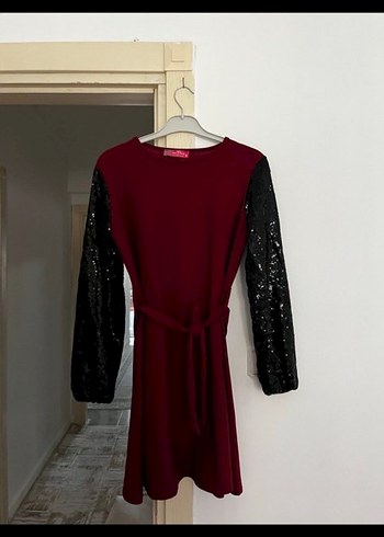Bordo Uzun Kollu Kemerli Kadın Elbise