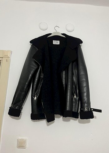 Kürklü Siyah Deri Biker Ceket - Görsel 2