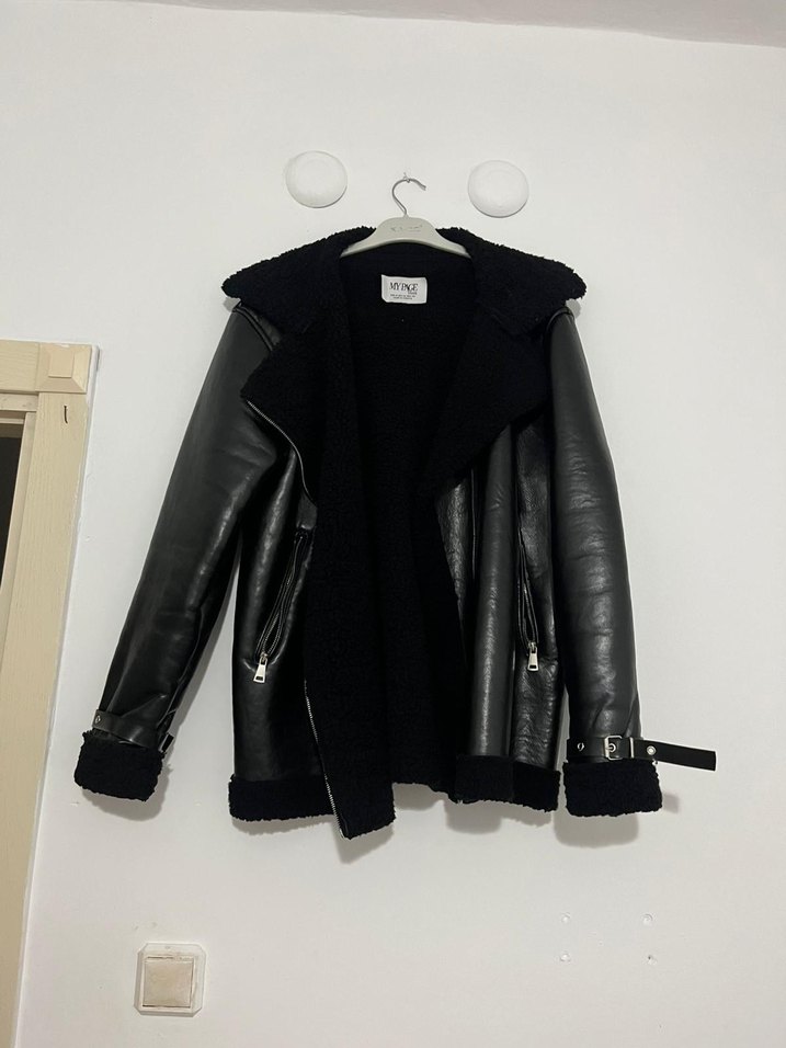 Kürklü Siyah Deri Biker Ceket - Görsel 2