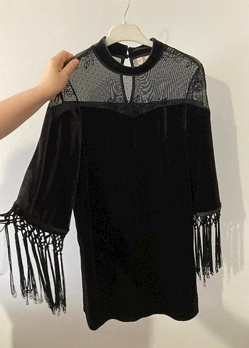 H&M Püsküllü Siyah Gotik Midi Elbise