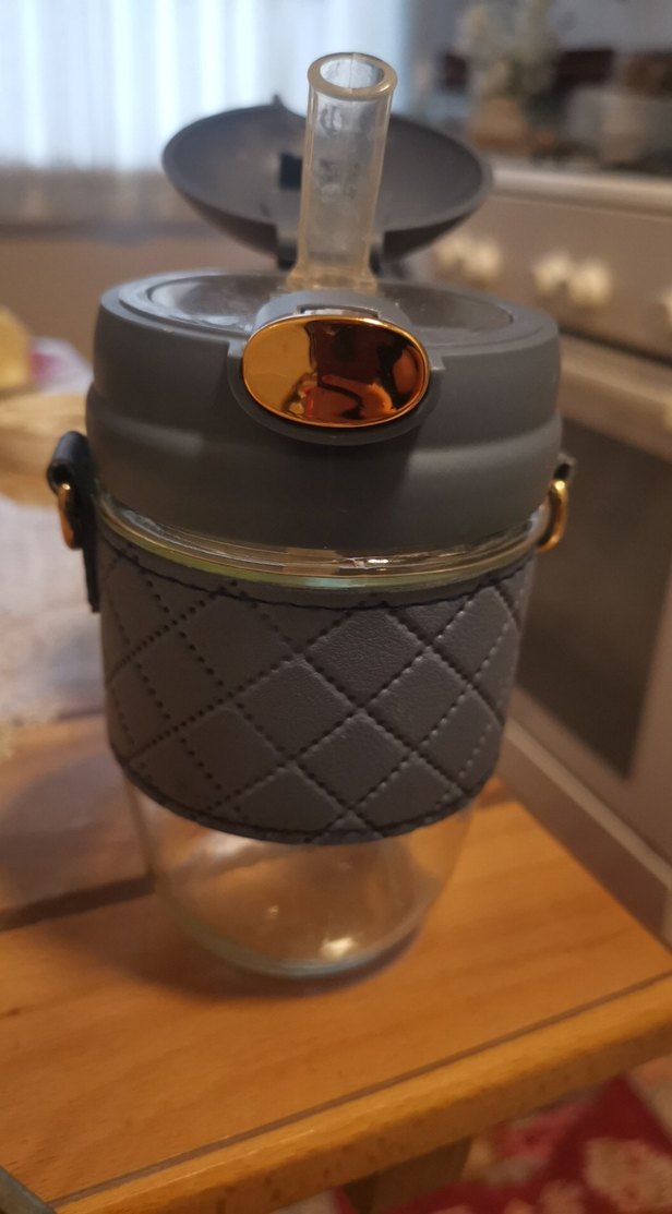 Mavi Kapaklı Cam Şişe Deri Detaylı - Görsel 2