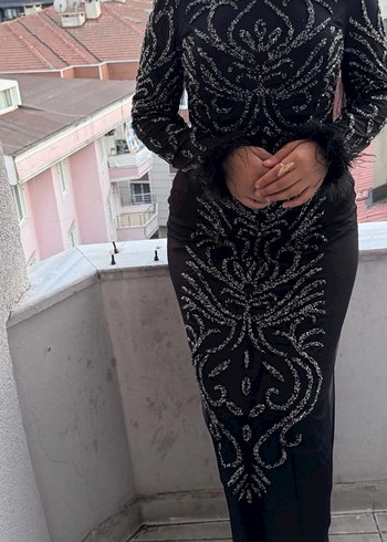 Uzun Kollu Siyah Payetli Abiye Elbise - Görsel 3