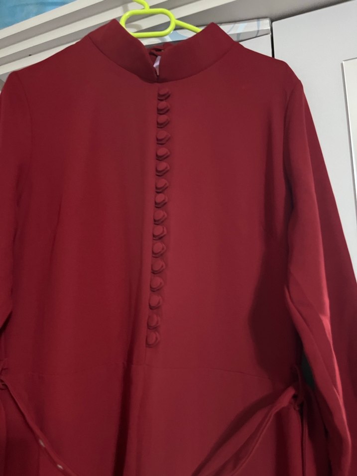 Bordo Düğmeli Uzun Kadın Elbise - Görsel 2