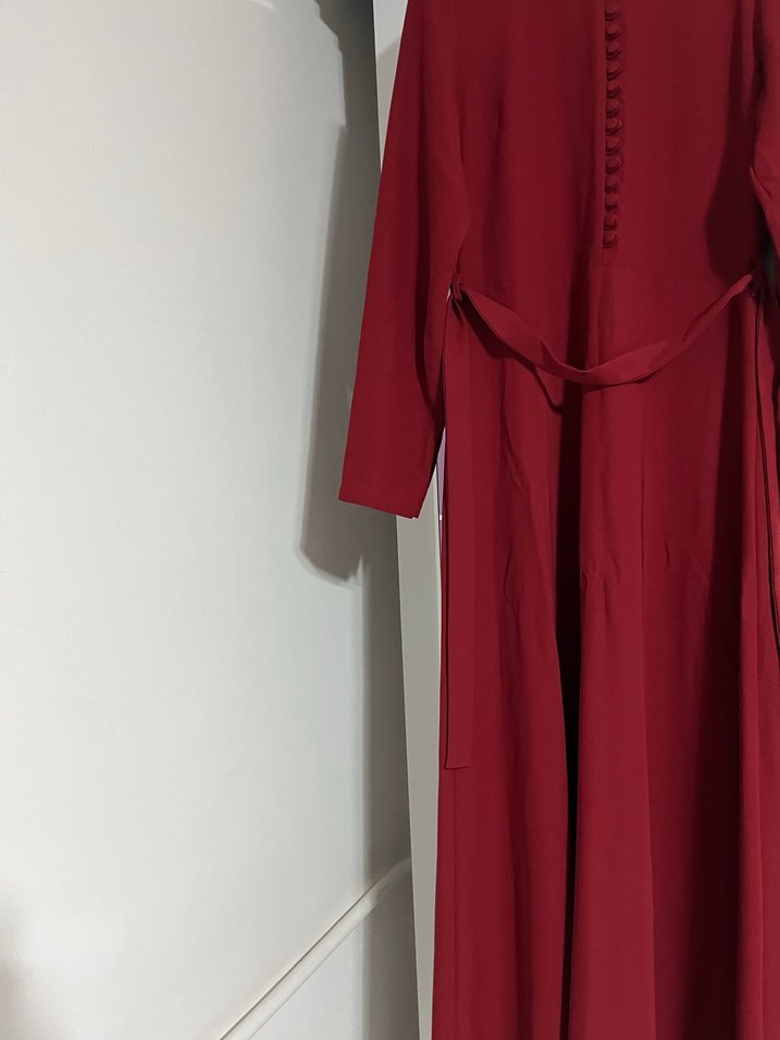Bordo Düğmeli Uzun Kadın Elbise - Görsel 4