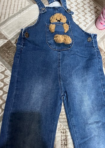 Kızlar için Mavi Nakışlı Kürklü Kot Salopet - Görsel 2