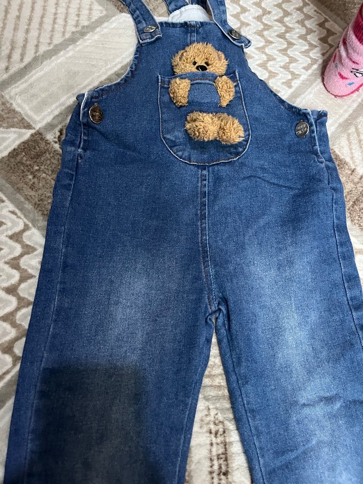 Kızlar için Mavi Nakışlı Kürklü Kot Salopet - Görsel 2