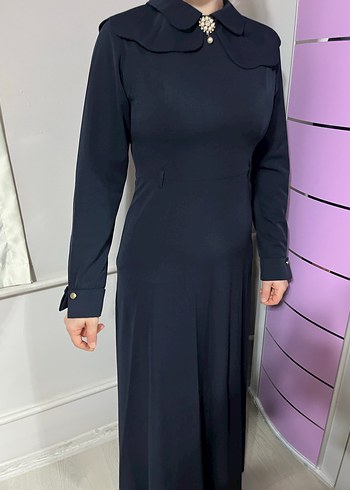 Koyu Lacivert Uzun Kollu Klasik Elbise - Görsel 4