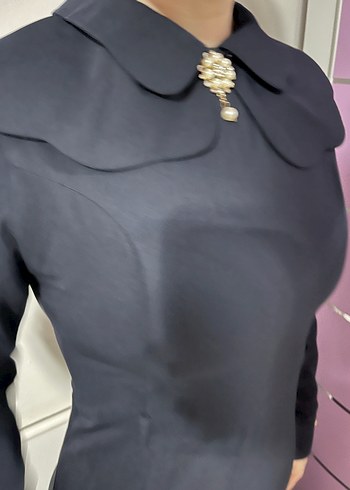 Koyu Lacivert Uzun Kollu Klasik Elbise - Görsel 2