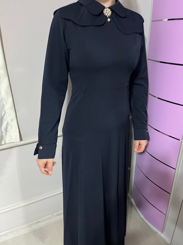 Koyu Lacivert Uzun Kollu Klasik Elbise - Görsel 4