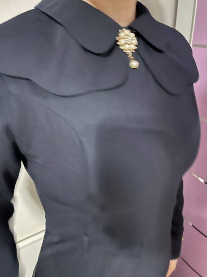 Koyu Lacivert Uzun Kollu Klasik Elbise - Görsel 2