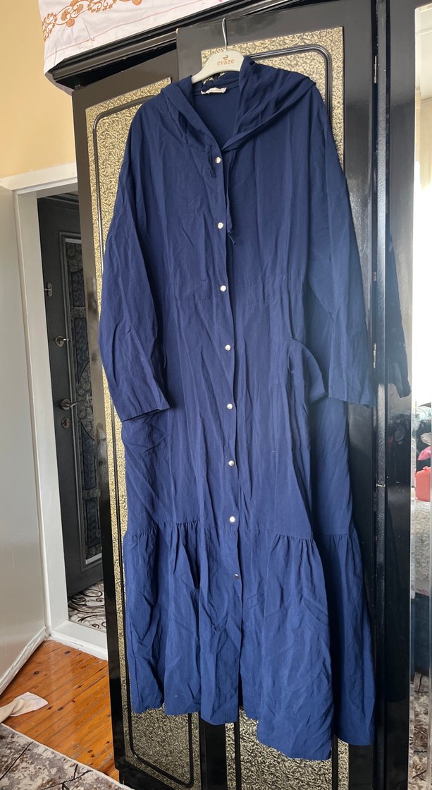 Düğmeli Mavi Keten Kadın Ceket - Görsel 2