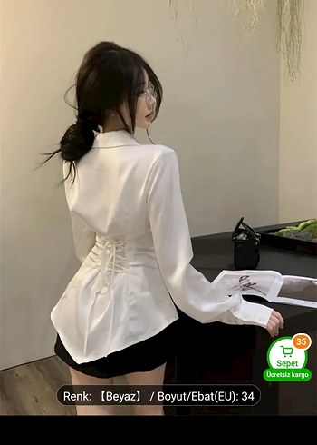 Beyaz Mini Kadın Gömlek, Uzun Kollu, Düğmeli - Görsel 2