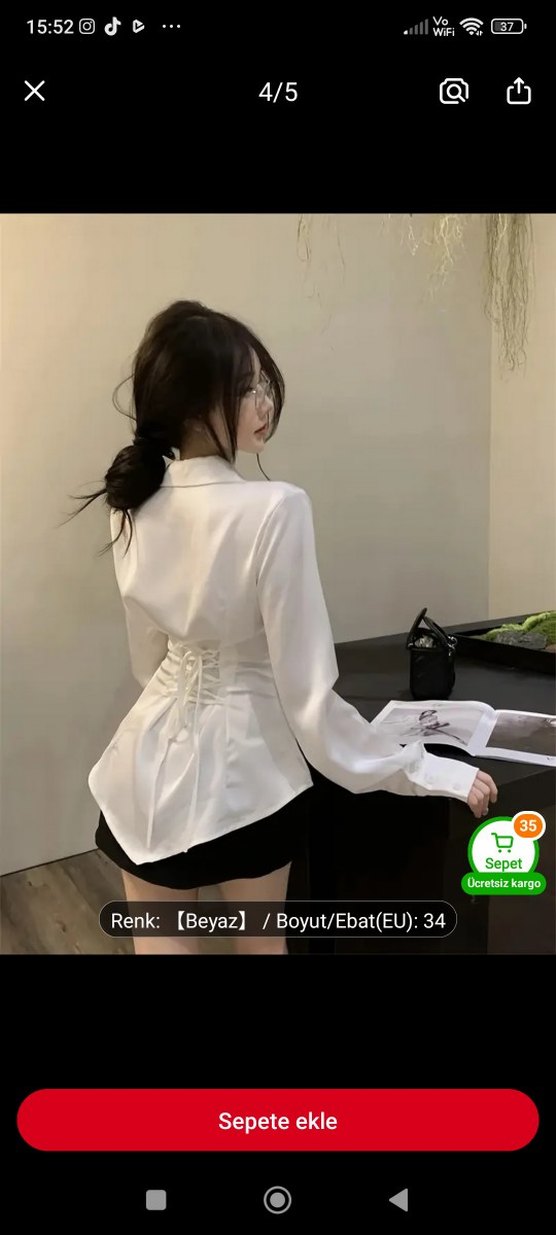 Beyaz Mini Kadın Gömlek, Uzun Kollu, Düğmeli - Görsel 2