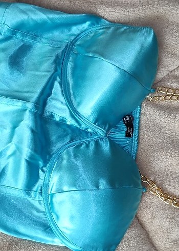 Mavi Parlak İşlemeli Mini Saten Büstiyer - Görsel 2