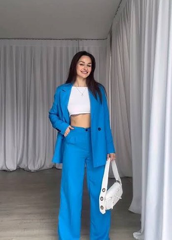 Mavi Kadın Midi Ceket ve Pantolon Takım - Görsel 2