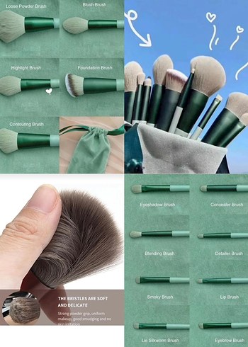 Yeşil Makyaj Fırçası Seti ve Taşıma Çantası 13'lü - Görsel 2