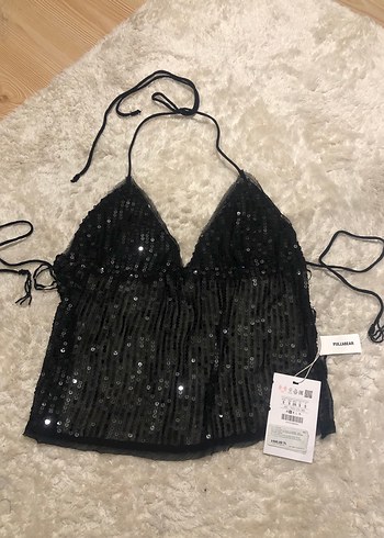 Pull&Bear Siyah Payetli V Yaka Mini Bustiyer - Görsel 5