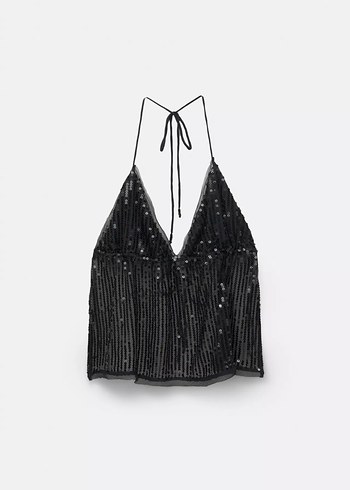 Pull&Bear Siyah Payetli V Yaka Mini Bustiyer - Görsel 4