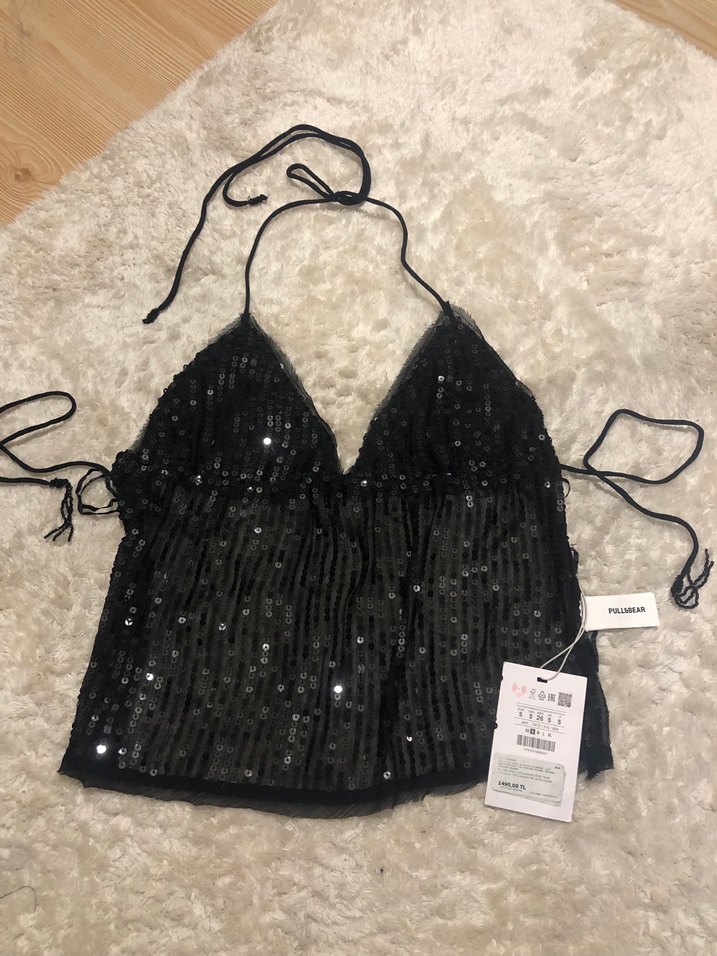 Pull&Bear Siyah Payetli V Yaka Mini Bustiyer - Görsel 5