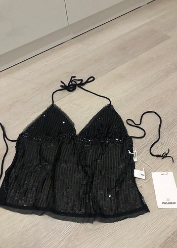 Pull & Bear Payetli Siyah V Yaka Mini Bustiyer - Görsel 8