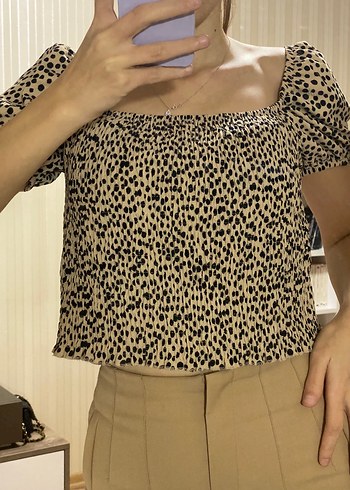 Diğer Bej Leopar Desenli Transparan Straplez Bluz