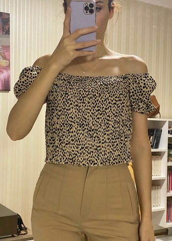 Bej Leopar Desenli Transparan Straplez Bluz