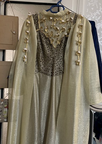 Drapeli Uzun Parlak Altın Kadın Abiye - Görsel 2