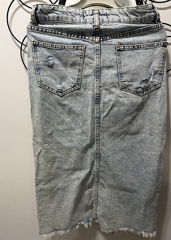 Yırtık Detaylı Uzun Mavi Denim etek - Görsel 3