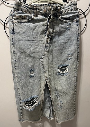 Yırtık Detaylı Uzun Mavi Denim etek - Görsel 4