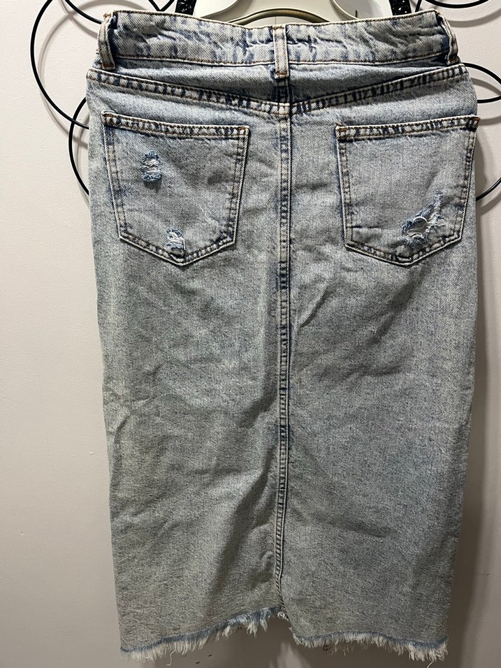 Yırtık Detaylı Uzun Mavi Denim etek - Görsel 3