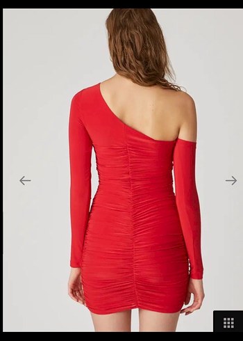 Kırmızı Drapeli Tek Kollu Mini Elbise - Görsel 2