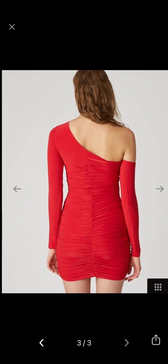 Kırmızı Drapeli Tek Kollu Mini Elbise - Görsel 2