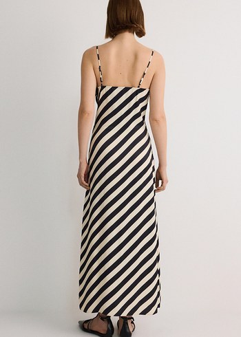 Bej Çizgili Midi Askılı Elbise - Görsel 2