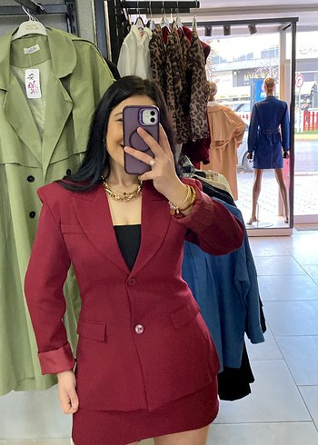 Bordo Kadın Düğmeli Midi Blazer Ceket etek takım