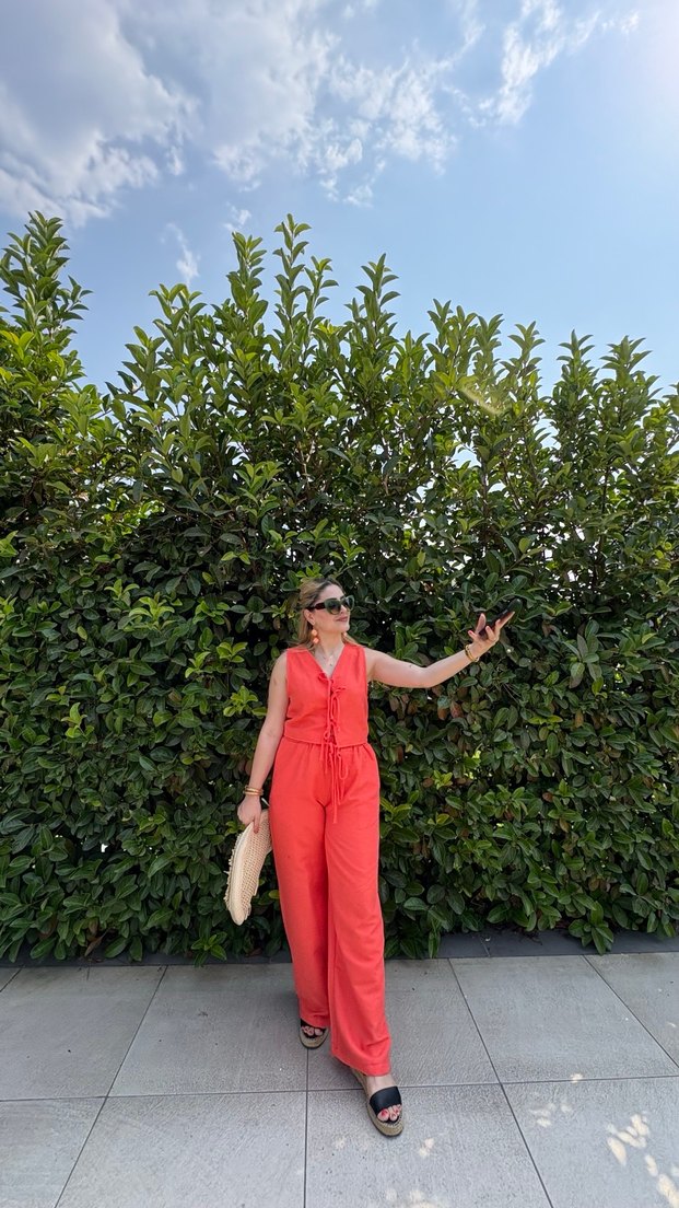 Nar Çiçeği Parlak Kumaş Bohem alt üst 2 parça Tulum - Görsel 2