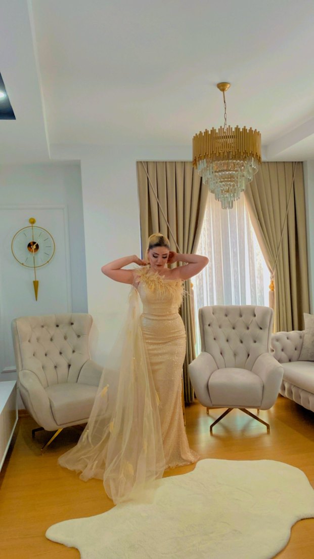 Kum Beji Drapeli Straplez Uzun Abiye - Görsel 3