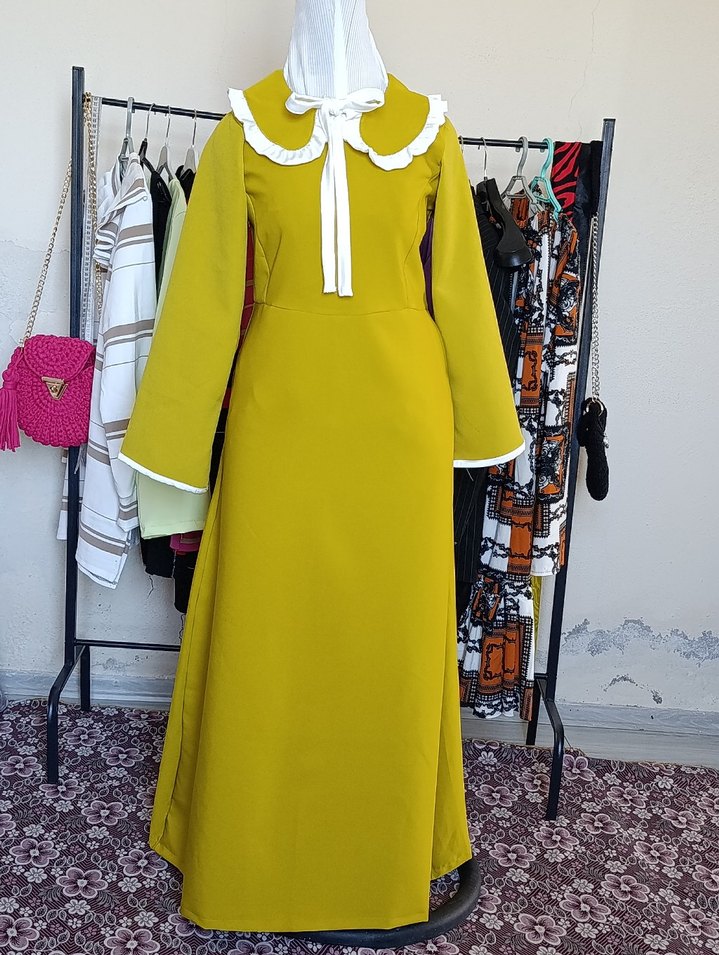 yağ yeşili Pilili Uzun Kollu Kadın Elbise - Görsel 4