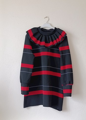 Kırmızı Siyah Çizgili Fırfırlı Midi Triko tunik kazak - Görsel 4