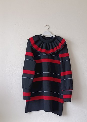 Kırmızı Siyah Çizgili Fırfırlı Midi Triko tunik kazak - Görsel 2