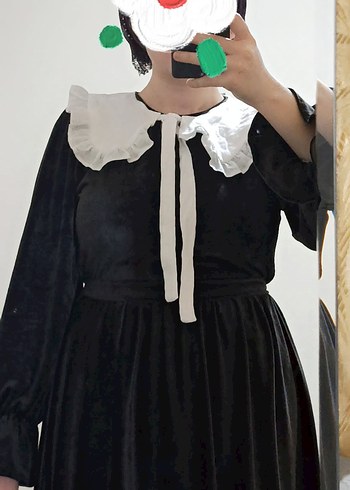 Uzun Siyah Gotik Elbise Beyaz Yaka Detaylı - Görsel 5