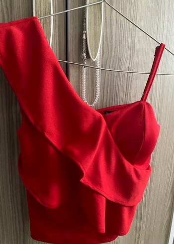 Kırmızı Drapeli Mini Straplez Büstiyer - Görsel 2