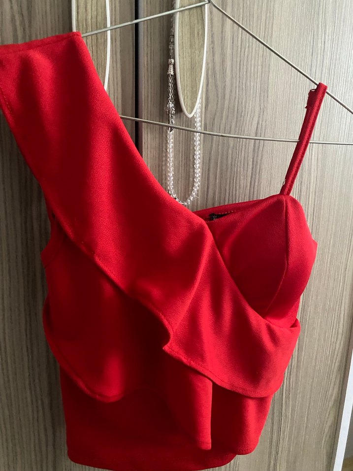 Kırmızı Drapeli Mini Straplez Büstiyer - Görsel 2