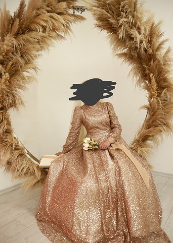 Uzun Kollu Bej Drapeli Abiye Elbise - Görsel 2