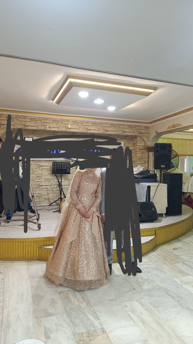 Uzun Kollu Bej Drapeli Abiye Elbise - Görsel 5