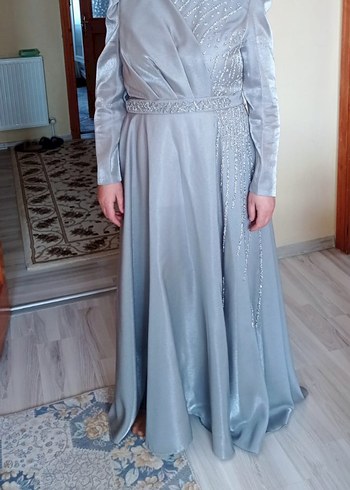 Uzun Kollu şu yeşili Drapeli Abiye Elbise - Görsel 2