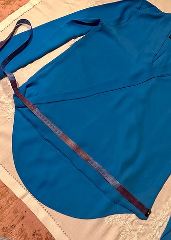 Mavi V Yaka Kurvaze Uzun Kollu Şifon Kadın Bluz - Görsel 6