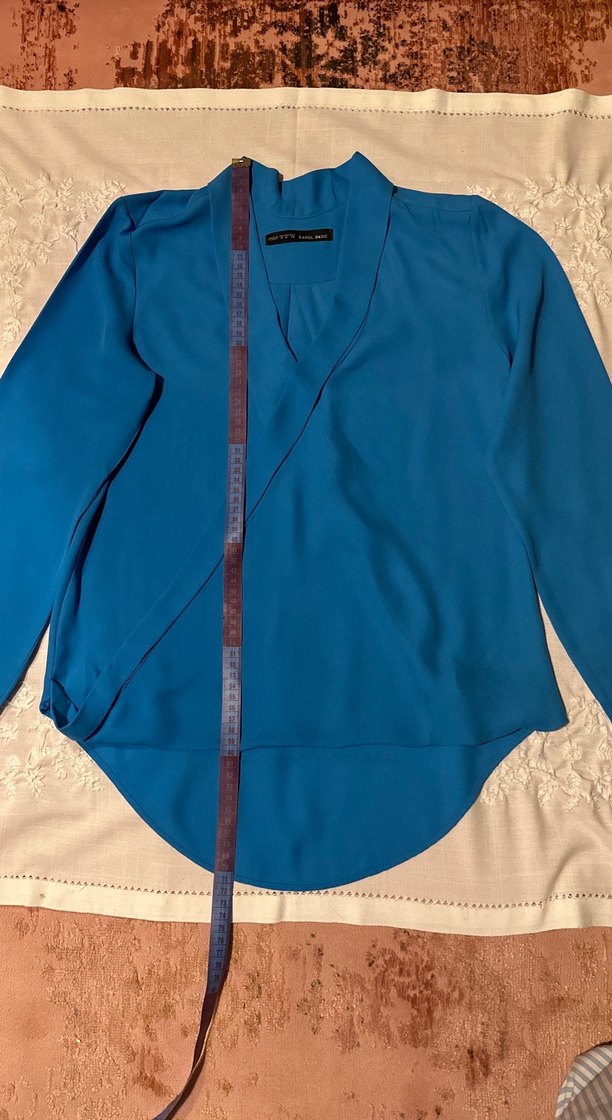 Mavi V Yaka Kurvaze Uzun Kollu Şifon Kadın Bluz - Görsel 3